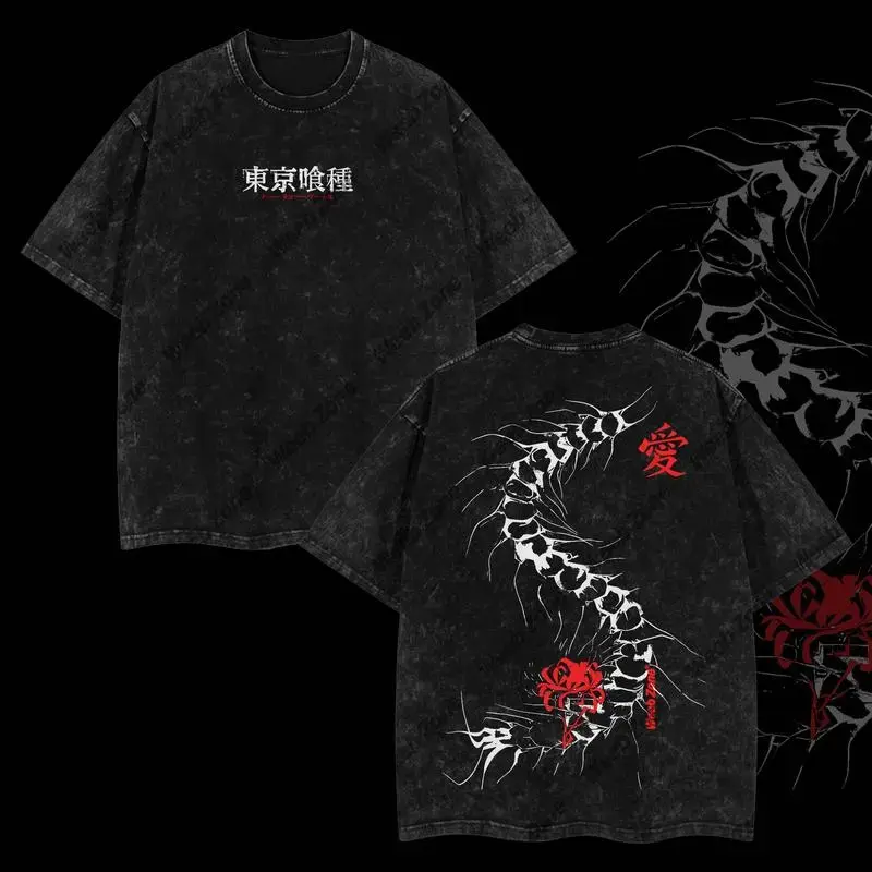 Tokyo Ghoul Kaneki Ken Centipede Oversized Graphic Tee Vintage Acid Wash Anime T Shirt Y2K Streetwear Gym Pump Cover Red Spider Lily Retro Manga Merch Tiktok Finds Trendy Dark Aesthetic Workout Mens Heavy Cotton Japanese Grunge