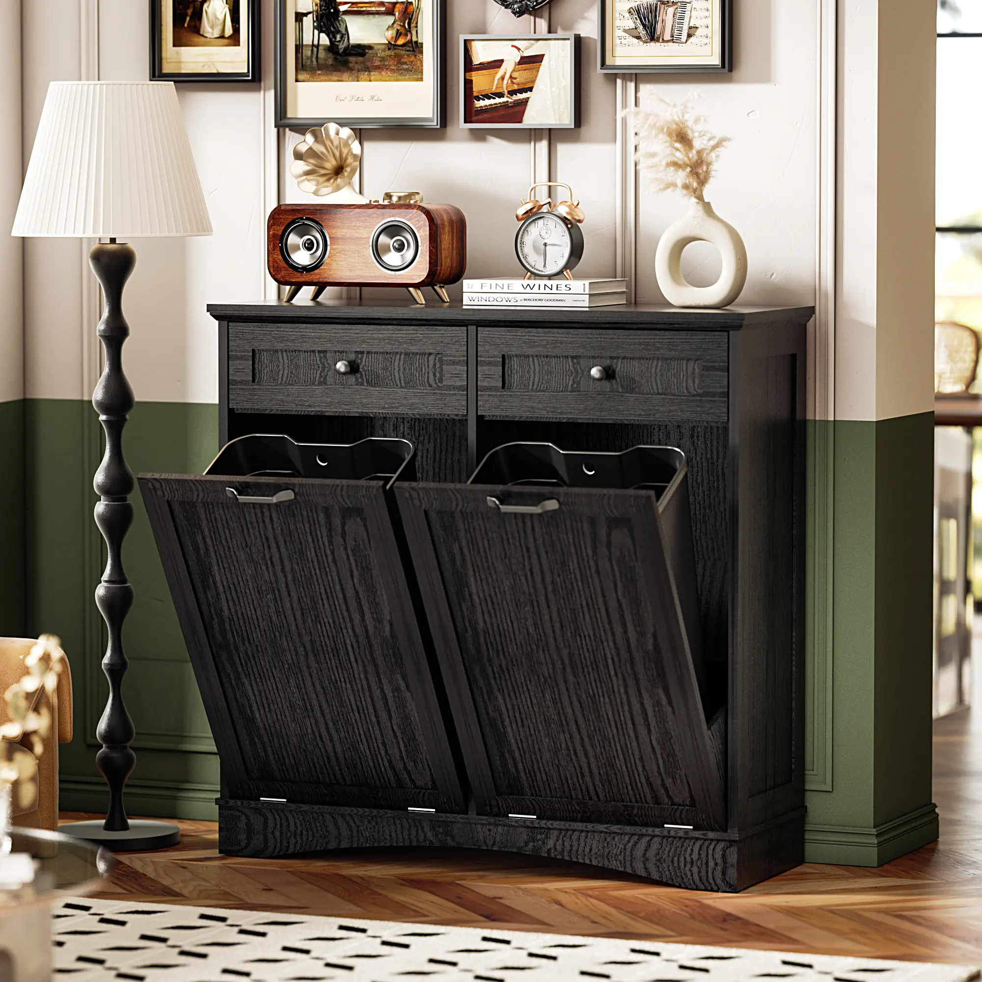 AHB Freestanding Double Tilt-Out Compact Floor Cabinet - Pet-Proof Concealed Trash Can Holder with 2x13 Gal Dual-Compartment, Hideaway Drawers, Wood/MDF Interior for Kitchen, Grey (Trash Can Not Included), Compact Floor Cabinets