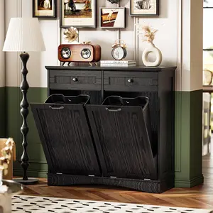 【Does Not Include Trash Can】AHB Double Tilt Out Trash Cabinet Freestanding Kitchen Trash Cabinet, 2x13 Gallons Hidden Garbage Recycling Cabinet with Hideaway Drawers Pet Proof Trash Can for Kitchen Living Room, Grey