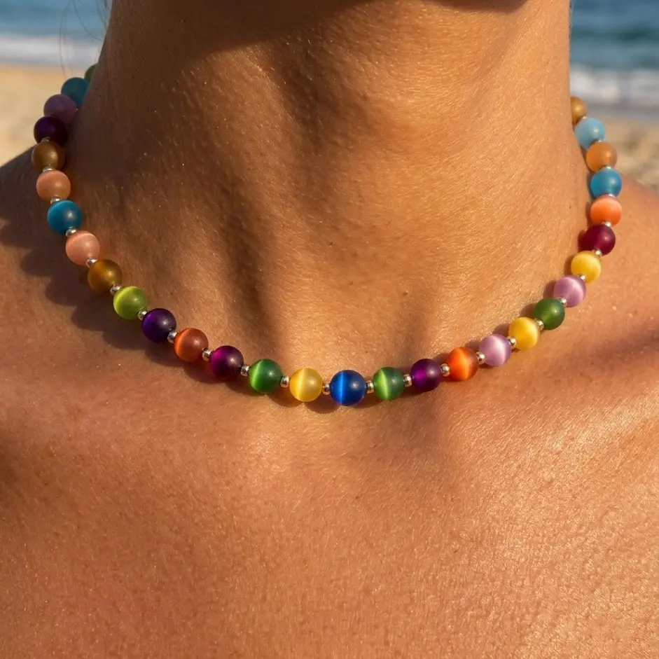 Women's Female Fit Necklace Bracelet Set - Colorful Rainbow Beaded Statement Festival Tropical Necklaces, UV-Reactive Boho Beach Vacation Summer Surfer Jewelry