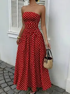 Women's Polka Dot Print Belted Crop Top Dress, Vacation Style, Summer, Casual Sun Dress, Long Dress, Ultra-Long Dress, Polka Dot Dress, Elegant