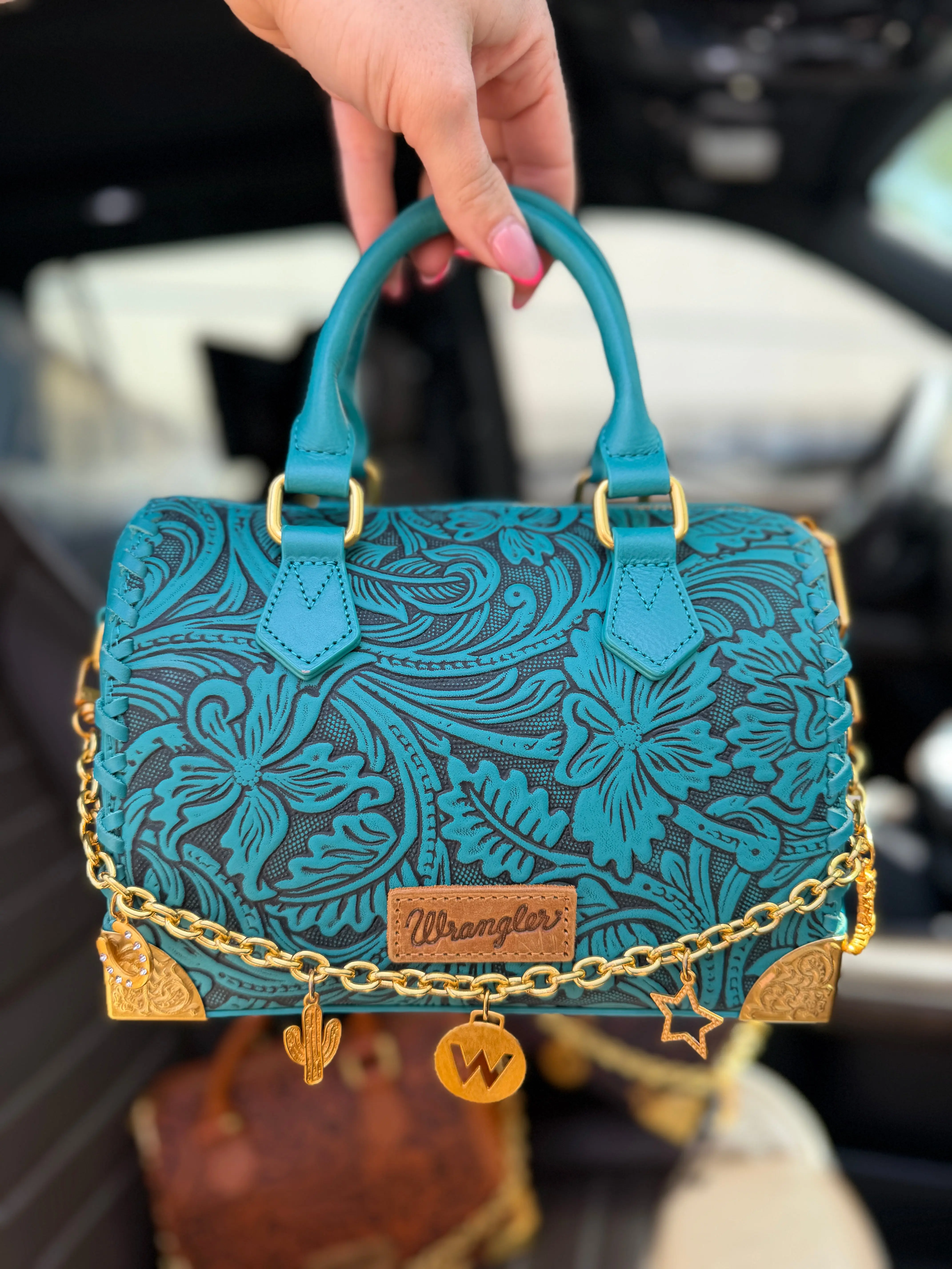 Wrangler Genuine Leather Floral Embossed Speedy Trunk Bag