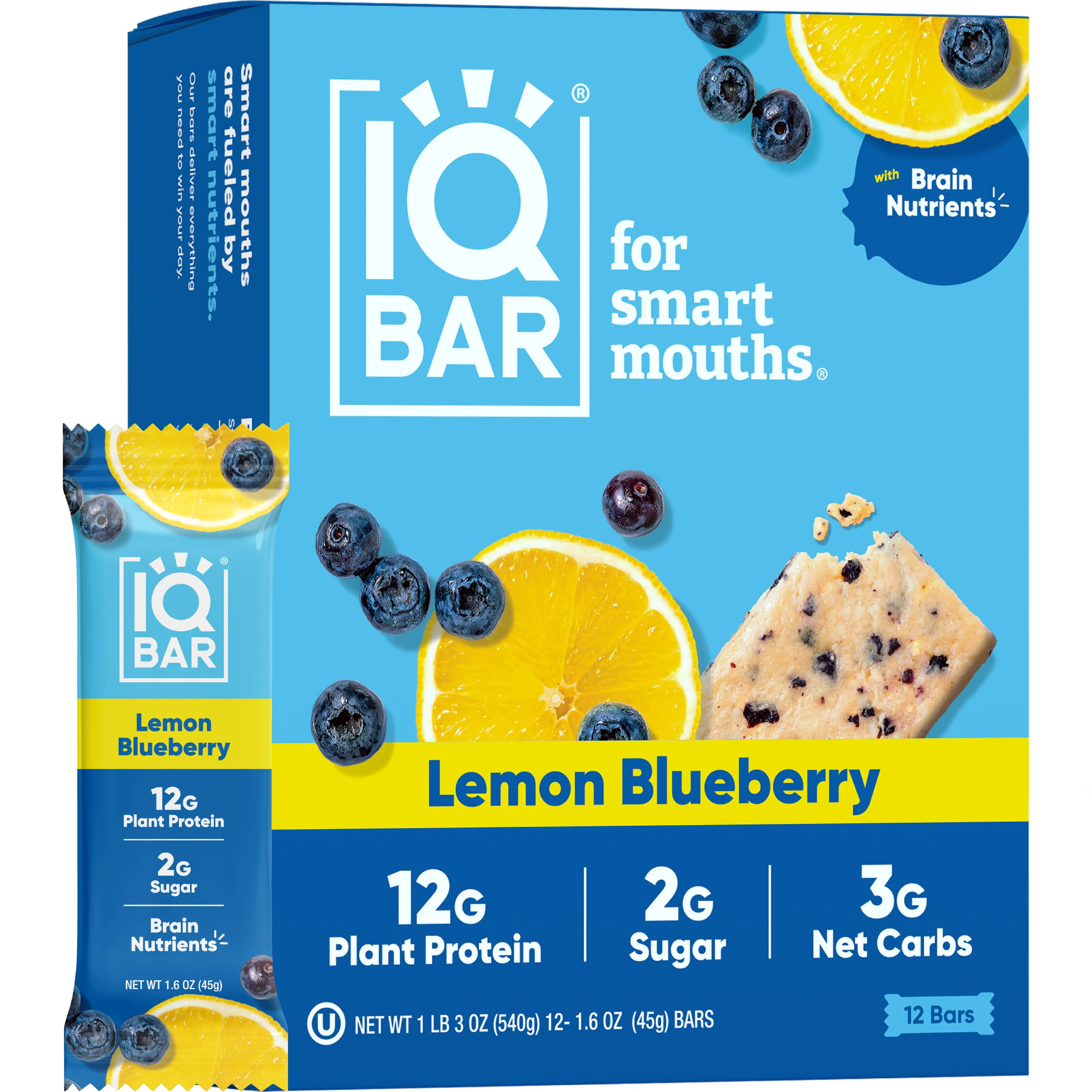 IQBAR Lemon Blueberry (12 Bars) - Brain and Body Plant Protein Bars - 12 Count, Low Carb, High Fiber, Gluten Free, Healthy Vegan & Low Sugar Snacks