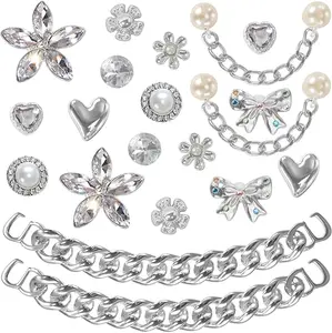 20 Pcs Sparkly Shoe Charms for Women, Rhinestone & Pearl Flower Gems, Silver Bling Chains, DIY Clog Sandal Decorations, Party & Holiday Gifts