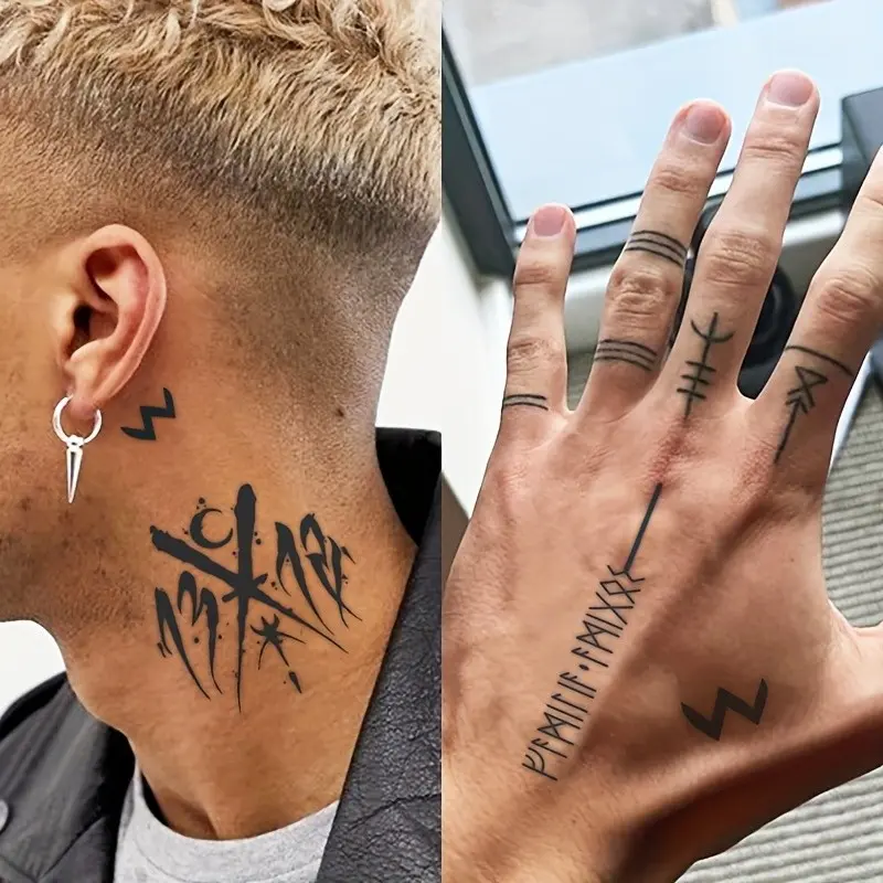 Men's Waterproof Temporary Fake Tattoo Art Set, Viking Symbol & Mystic Totems Design, Long-Lasting Summer Hand Neck Tattoos, 15 Days Wear