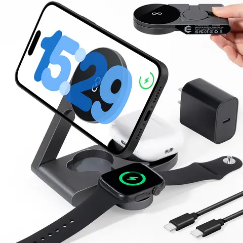 UltraQ 3 in 1 Wireless Charging Station, Ultrathin Foldable Aluminum Alloy Wireless Charger for iPhone 16/15/14/13/12 Series, AirPods Magsafe Charger for iWatch Series