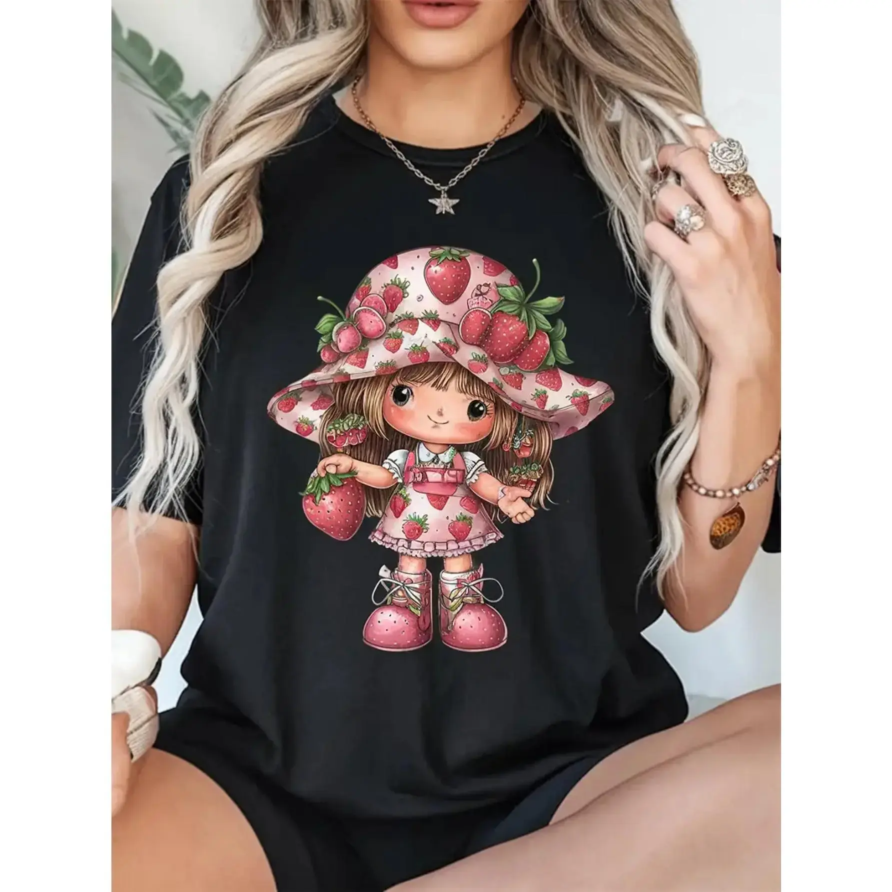 Women's Plus Size Round Neck Shortsleeve Graphic T-Shirt - Breathable Tee, All Over Strawberry Print, Athletic Casual Streetwear Top, All Over Print