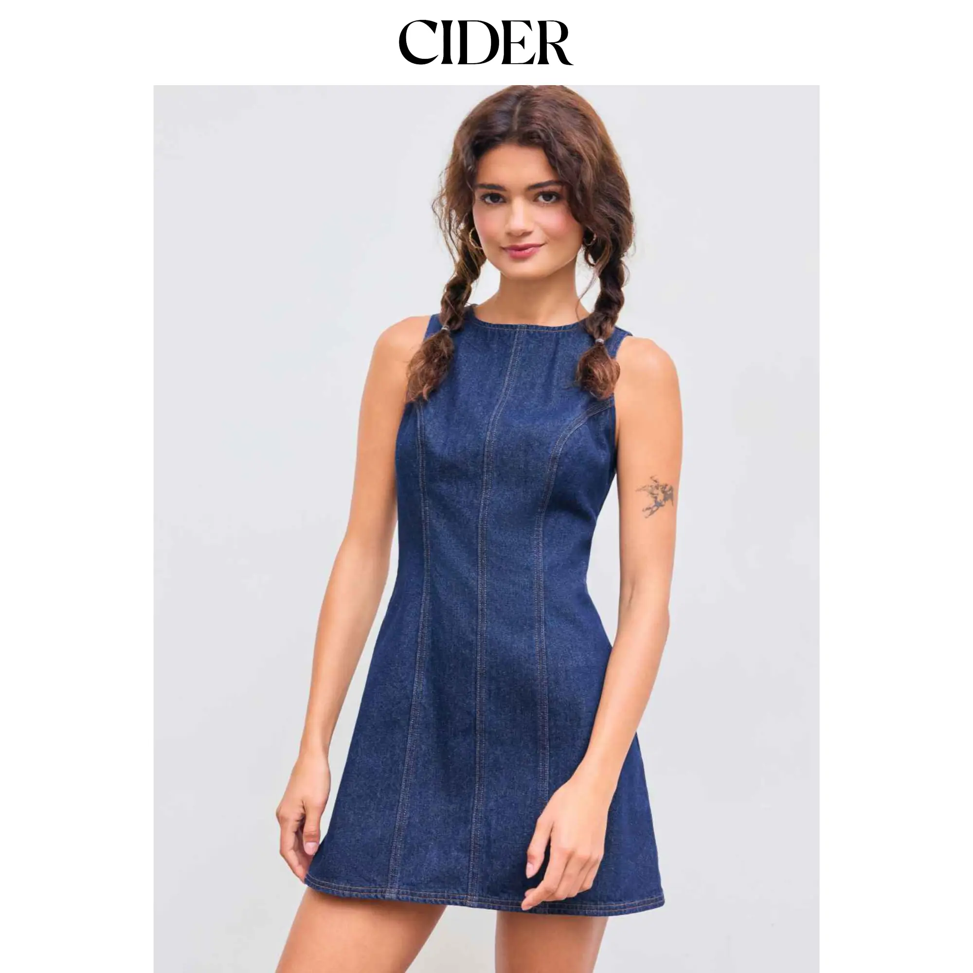 Cider Denim Solid Zipper Sleeveless Mini Dress