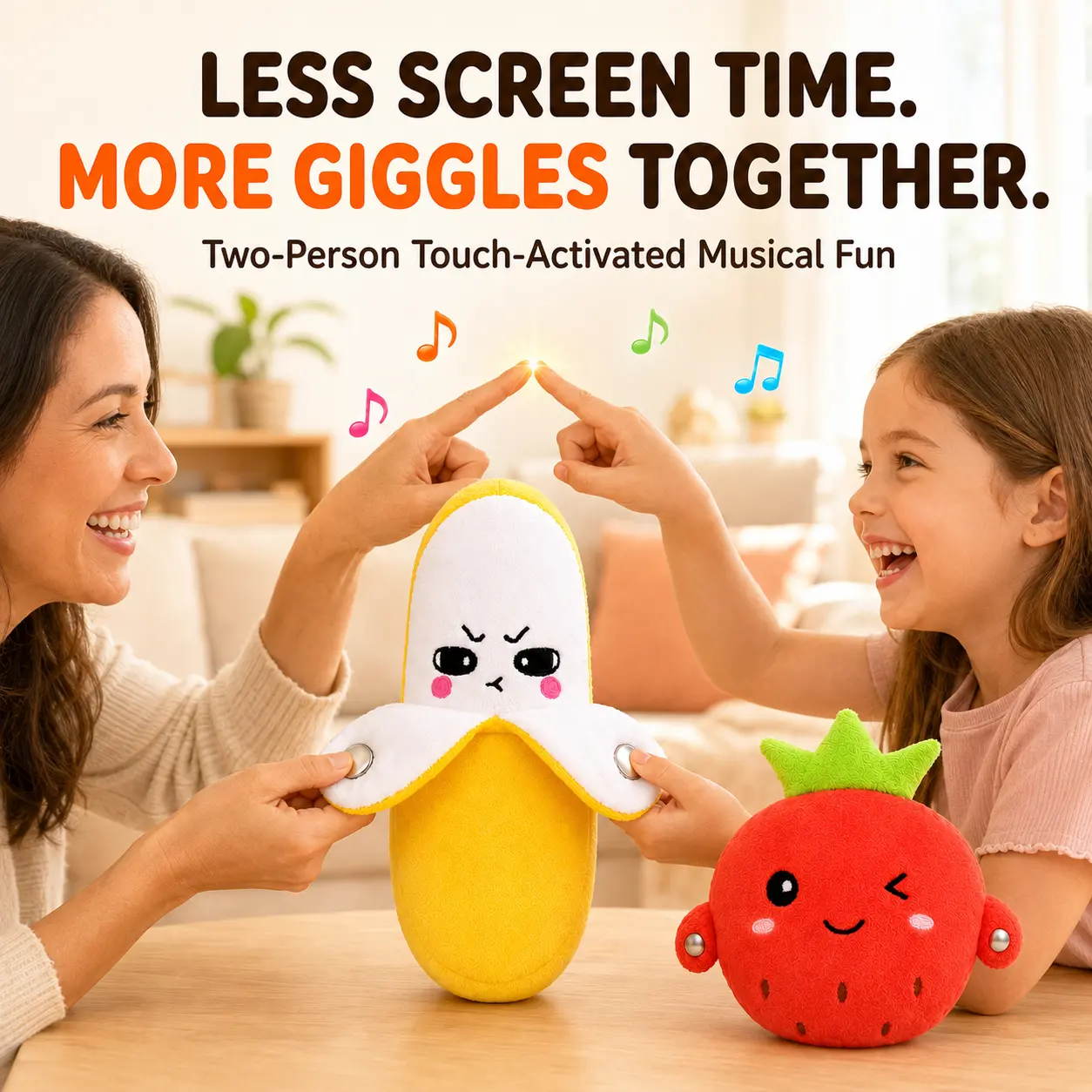 Musical Plush Toy, USB-Rechargeable Touch-Activated Two-Player Rhythm Game, Soft Cuddly Banana or Strawberry Stuffed Animal Gift for Kids Ages 3+