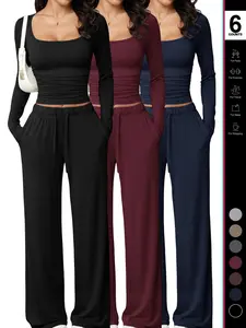 Women's 2 Piece Matching Lounge Set, Square Neck Long Sleeve Crop Top, High Waisted Wide Leg Drawstring Pants, Casual Sweatsuit
