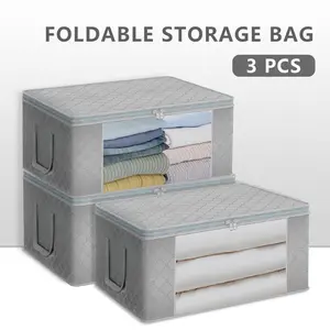 3pcs Gray Quilted Foldable Storage Cubes with Clear Window & Handles - Spacious, Collapsible, and Portable Organizer for Closet, Bedroom, Clothing, Comforters, and Linens, Portable Storage Box | Neutral Home Decor | Durable Handles