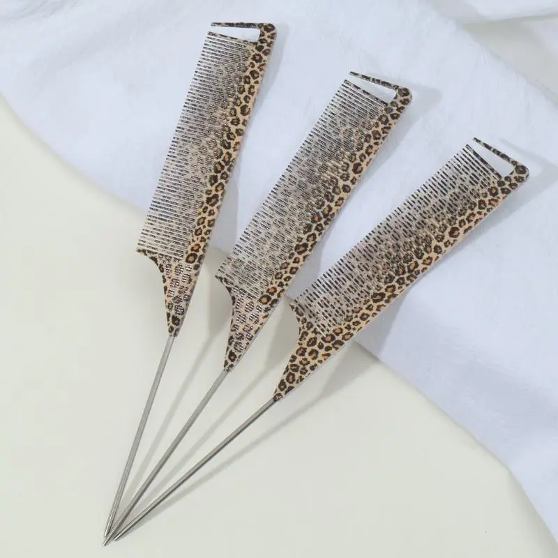 Leopard Print Rat Tail Comb, Hair Styling Combs, Comb Type, Hairdressing Comb, 3 Counts Fine-tooth Anti-static Hair Styling Brush with ABS Plastic Handle and Steel Needle for Normal Hair