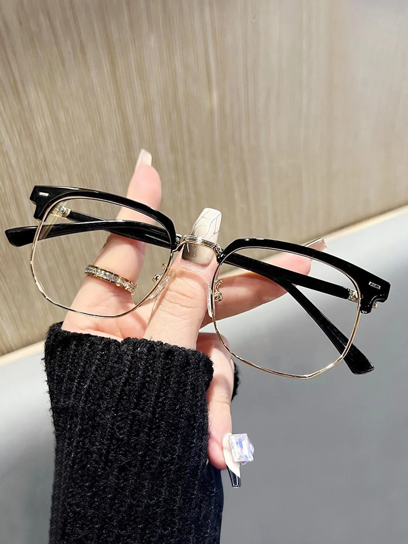 Simple Design Metal Browline Frame Square Eyeglasses for Everyday Use, Blue Light  Eyewear, Stylish Square Frames Glasses for Men and Women, Fall Minimalist Casual High Quality Eyeglasses for Back To School