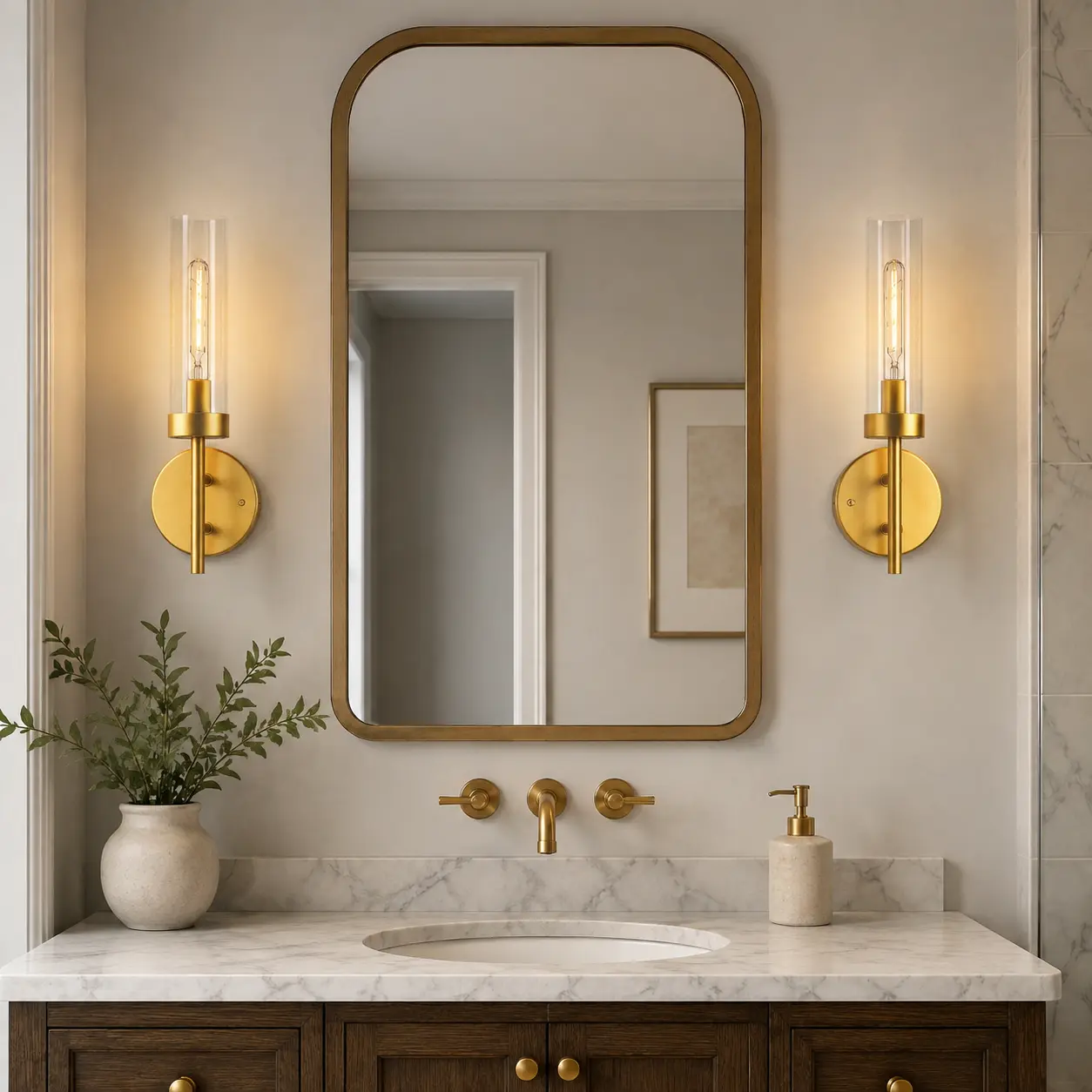 Gold Hardwired Wall Sconces Set of 2, Modern Bathroom Vanity Sconces Wall Lighting, Brass Finish Indoor Wall Lamp for Bedroom, Bathroom, Hallway & Entryway