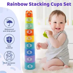 Cartoon Bear Rainbow Stacking Cups, Early Education Intellectual Kit, Baby Bath Play Toy, Hand-Eye Coordination Training, Parent-Child Interaction Toy