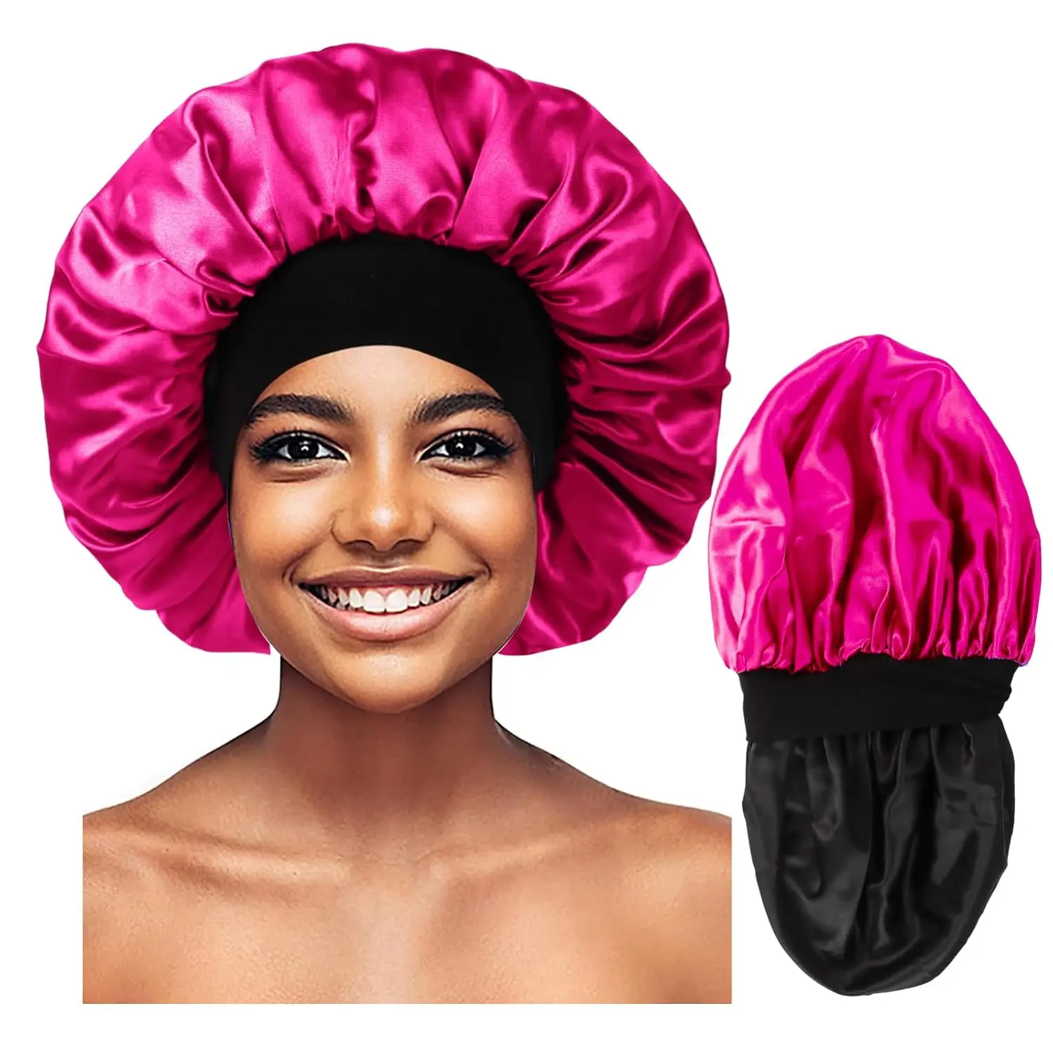 Bonnet for Men,Hair Bonnet for Sleeping,Double Layer Satin Bonnets for Black Women Curly Hair Braids,Reversible Sleep Cap (Large,Black/Hot )