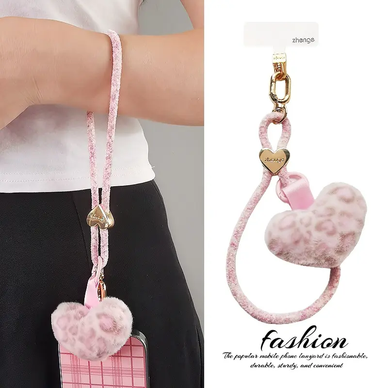 Mobile phone lanyard with heart-shaped plush accessory, women's wrist strap, short length, autumn and winter new product, portable for outdoor activities, travel, and outings, Cellphone, Cell Phone Charm, Cell Phone Accessories