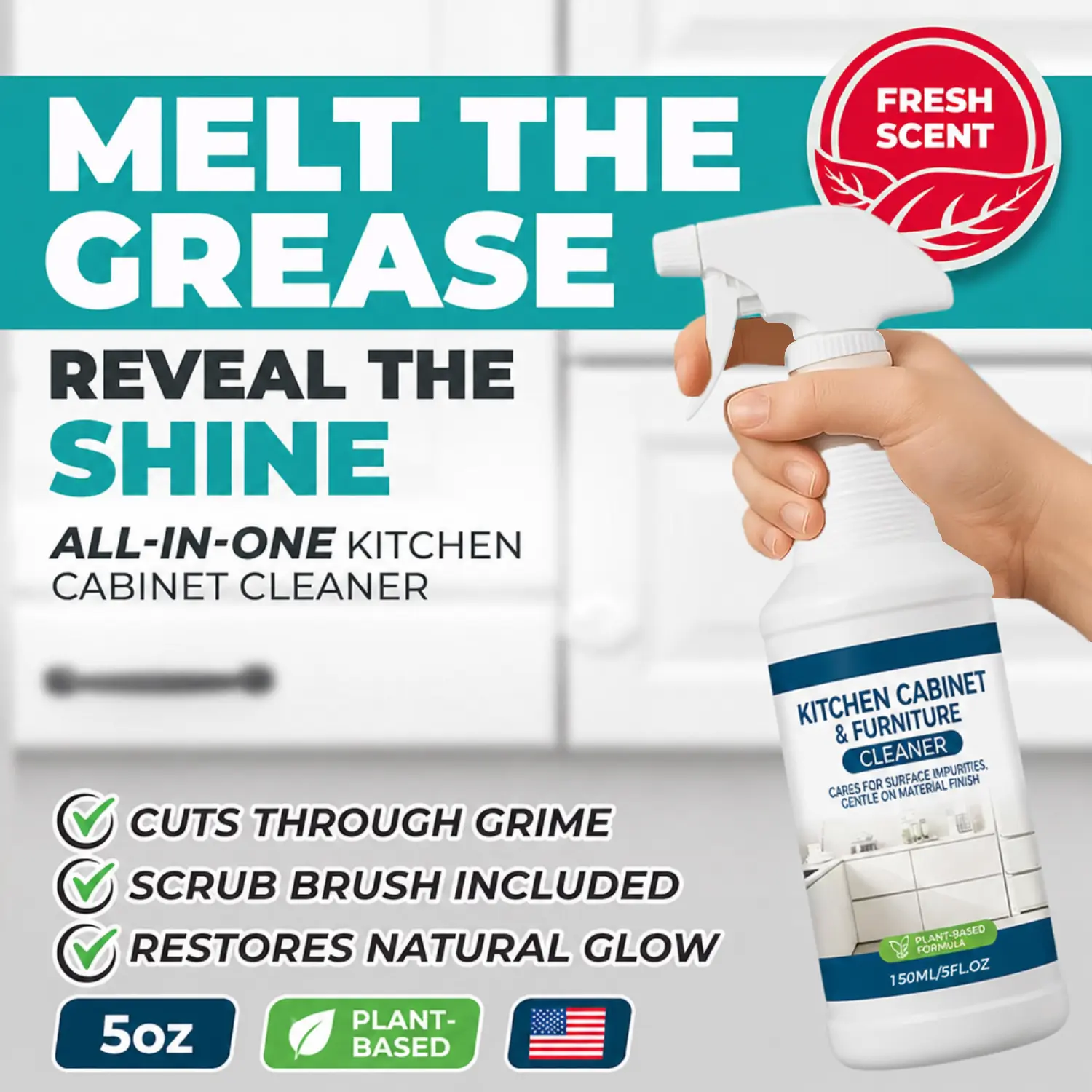 【LAST CHANCE】Kitchen Cabinet Cleaner, Plant Based Cleaning Solution, Safe on Paint & Wood, Safe for Daily Use, Approved by Cabinet Finish Specialists