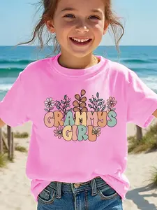 Girls' "GRAMMY'S GIRL" Cotton Graphic Tee - Short-Sleeve Crewneck, Retro Boho Floral Print, Grandma-Granddaughter Bond Everyday Cute Basic Child-Size T-Shirt, Everyday Tee, Cute Basic Tee