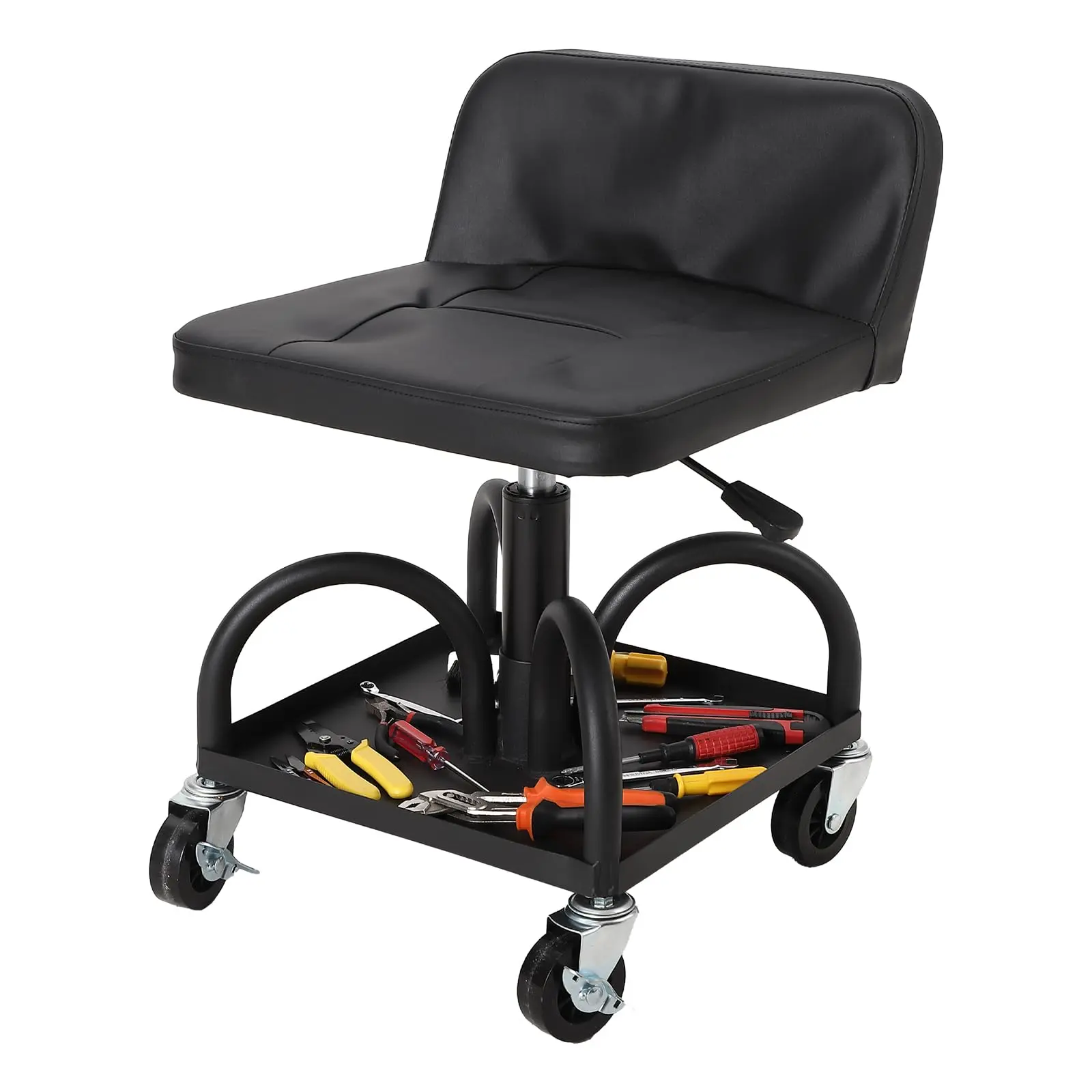 GARVEE Rolling Mechanic Stool, 300 LBS Capacity, 16" to 21" Height Adjustable Shop Stool with Soft Cushion, Tool Tray & 3" 360° Lockable Swivel Wheels for Garage, Auto Repair, Workshop, ‌Heavy Duty, Black