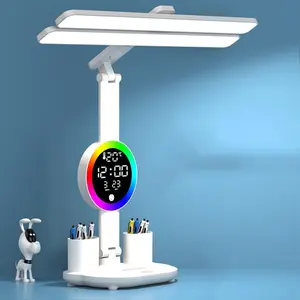 Smart Led Desk Lamp, Desk Lamp with Usb Charging Port, Dimmable 3 Colorful Lights, Adjustable Folding with Clock Date, Pen & Phone Holder, Temperature, Home Office Bedroom Reading Study Work (White)
