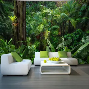 2D Flat, 1pc Extra Large Jungle Wall Tapestry - Tropical Rainforest Jungle Scene with Lush Green Palms - Wrinkle & Fade Resistant Peach Light Beige Fabric - Extra Large Floor-to-Ceiling Wallpaper-like Decor for Living Room, Bedroom, Office, Party - Indoor