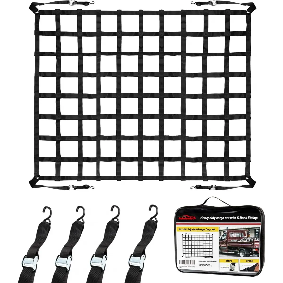 【DealsForYouDays】Heavy-Duty Pickup Truck Bed Cargo Net, 66"x82" Polyester Snag-Free Mesh with 2" Wide Straps + Bag, S-Hook Fittings, 10,000 lbs Capacity, Weatherproof Carrier for SUV/Car Trailer