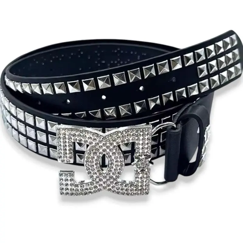 Dynamic Charge-DC Rhinestone Buckle Studded Black Leather Goth Emo Y2K Style Belt