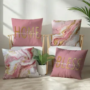 4pcs Simple Home Pink Marble Pattern Square Cushion Cover Set, Single-Sided Printed Peach Velvet Material, 45*45/50*50/40*40CM Pillow Case For Modern Fabric Sofa Indoor Decor, Party Decoration, Gift, Home Textile