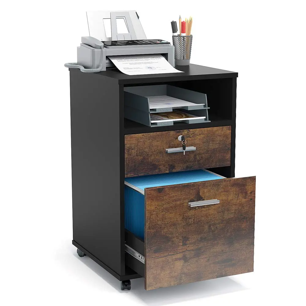 Tribesigns 2 Drawer File Cabinet For Home Office, Modern Wood Filing Cabinet With Lock, Rolling Wheels & Open Storage Shelf, Rustic Brown Printer Stand