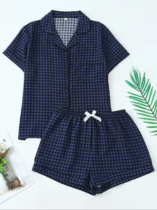 Women's Two-Piece Pajama Set, Casual Comfortable Lapel Pocket Shirt Short Sleeve + Elastic Waist Shorts, All-Season Plaid Print Sleepwear Homewear
