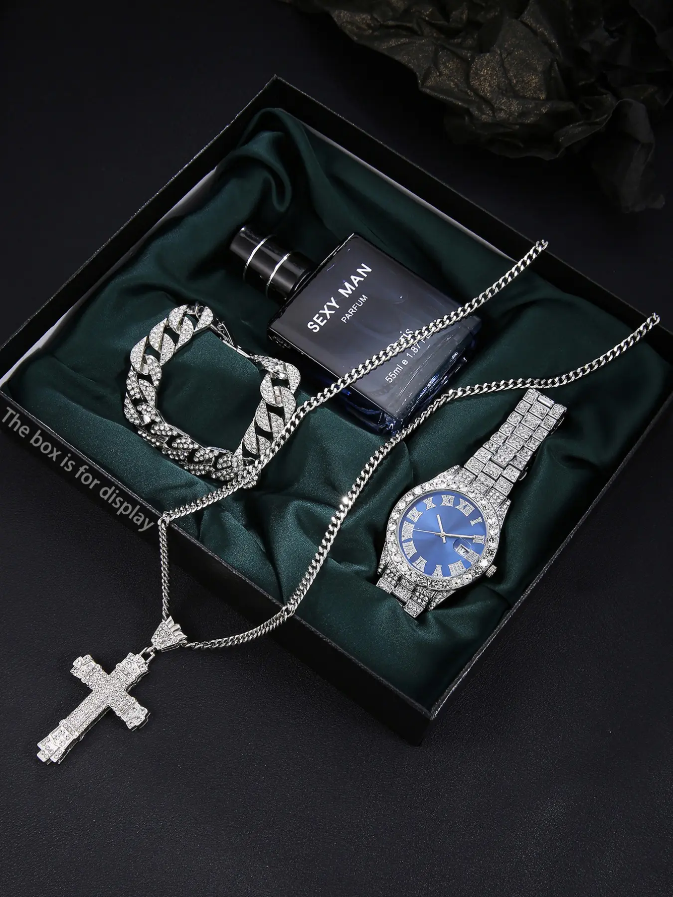 Men's Business Fashion Watch Set 4pcs + Glasses + Perfume + Greeting Card, Perfect Gift for Holidays, Thanksgiving, Father's Day, Birthdays, Accessories Set