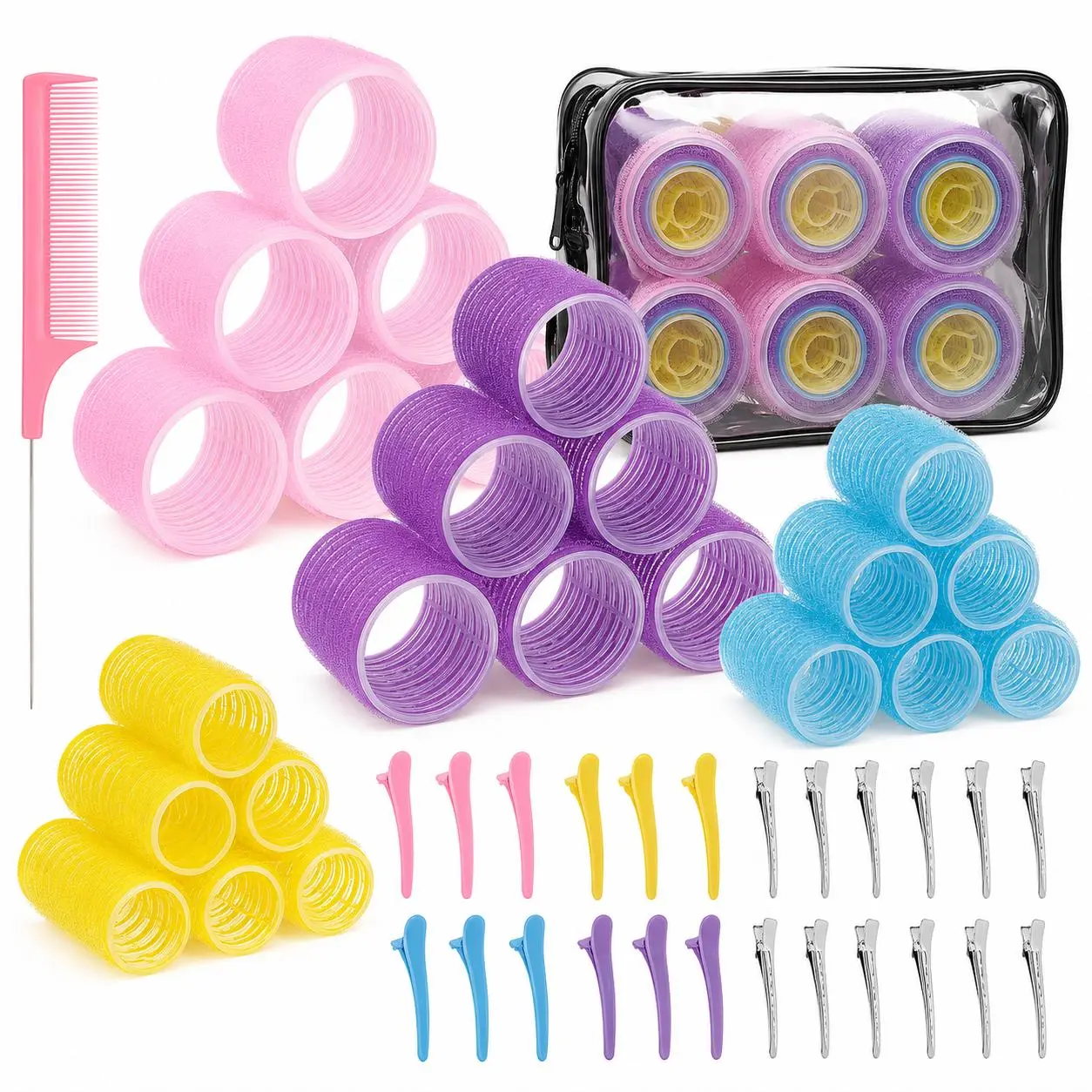 Self-Grip Hair Rollers Set - 50 Pcs with Clips in Assorted Colors, 4 Sizes for Long, Short Hair and Bangs (25mm, 36mm, 48mm, 60mm)