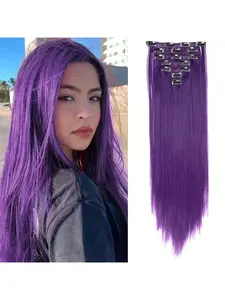 7pcs Clip In Hair Extensions Long Straight Purple Thick Synthetic Hairpieces 24inch for Women Daily Party Halloween Xmas Synthetic Hair Wigs