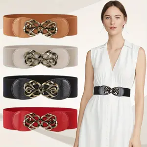 4 Pcs Women Stretchy Belts for Dresses Shirt, Vintage Elastic Wide Waist Belts Suit for Waist Size 24"-27", Versatile Waist Cinching Belt, 4 Colors (Red, White, Light Brown, Black)