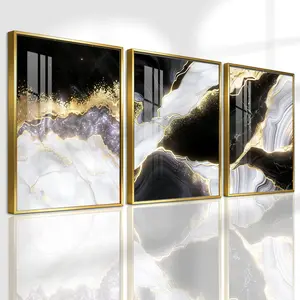 3 Counts Aluminum Alloy Framed Painting, Black White Gold Abstract Marble Art Pictures, Home Decoration For Living Room, Bedroom, Office, Restaurant, Hallway Wall Decor, Odorless Print Artwork, Luxury Perfect Gift For Friends And Family