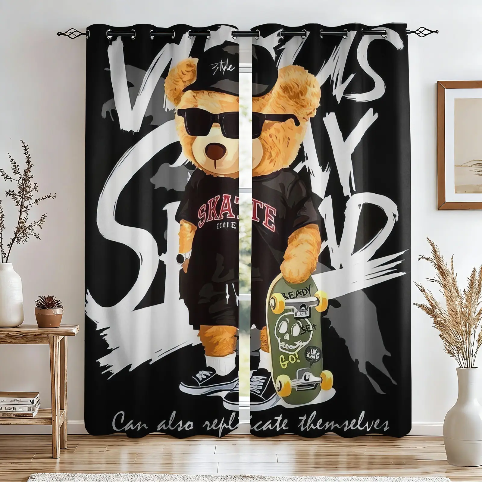 Streetwear Skate Bear Curtains, 2 Panels Printed Curtains, Darkening Decoration Curtains, Cool Graffiti Bear Print, Light Blocking Curtains for Teens Boys Bedroom & Urban Style Living Room Decor