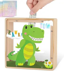 Dinosaur Piggy Bank for Kids Wooden Money Coin Bank for Boys Girls Cute Piggy Bank with DIY Letters Stickers,Green