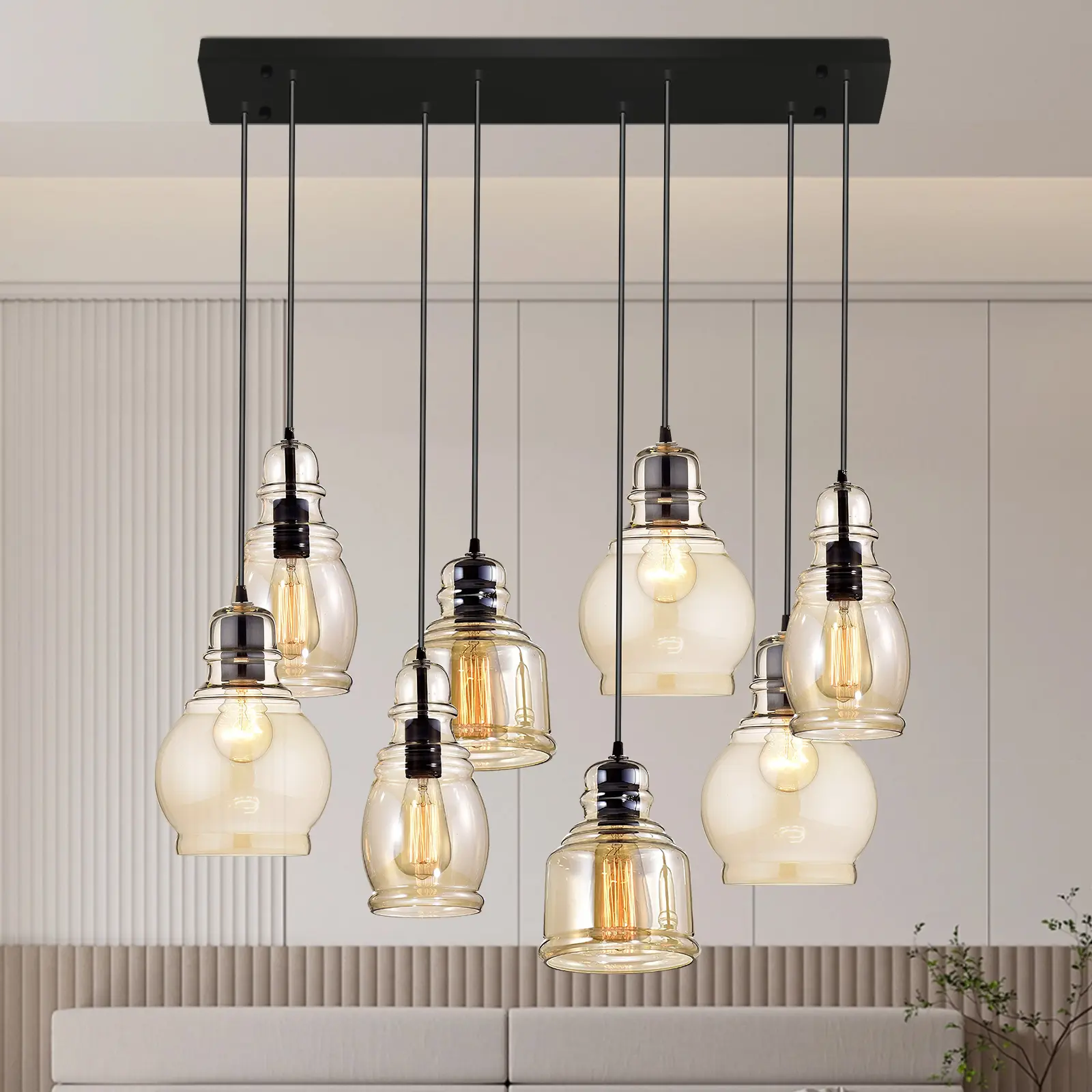 45-Inch 8-Light Industrial Linear Pendant Light - Matte Black Rectangular Canopy, Amber Brandy Glass Shade, Adjustable Cord Vintage Hanging Lamp for Dining Table, Kitchen Island | Home Lighting, Ambient Decor, Decorative Decor, Decorative Light Decor