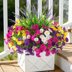 Artificial Flowers Fake Plants for Outdoors Decoration, Artificial Mixed Flower, 12 Bundles Silk Morning Glory, 2pcs Lavender, UV Resistant, Faux Spring Flowers