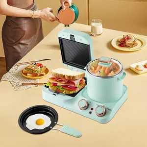 3 in 1 Breakfast Station Retro Household Breakfast Maker Electric Mini Toaster Sandwich Maker with Frying Pan Boiling Pot Food Steamer