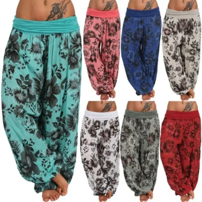 Women Boho Loose Pants Paisley Print High Waist Ankle Tied Harem Pants Baggy Long Bloomers Trousers Female Trousers Pantalones Womenswear Bottom Comfort Fit