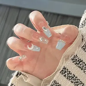 24-Piece Medium-Length Ballerina Press-On Nails, Ice Blue Star Moon Rhinestones, Reusable Nail Tips with Jelly Glue and File