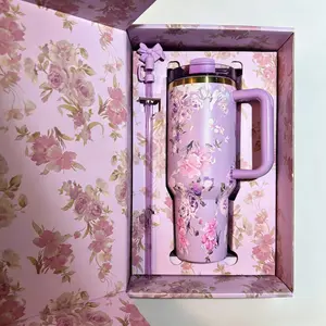 40oz Floral Bow Handle Insulated Tumbler with Straw & Lid, Portable Vacuum Stainless Steel Travel Mug for Iced Coffee & Hot Drinks