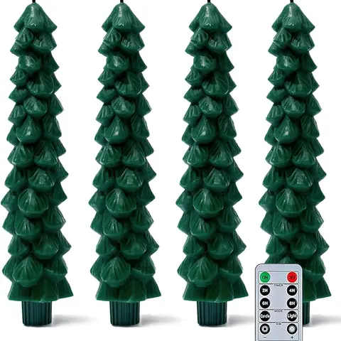9.65 inch Flameless Christmas Wax Taper Candles (4-Piece Set) with Remote Timer, 3D Flame LED Flicker, Battery-Operated, Art Deco Party Decoration Supplies for Tree & Household Use