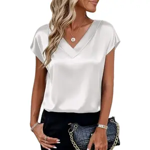 Satin V-Neck Short Sleeve Blouse - Elegant Loose Fit Summer Top for Women, Dressy Casual Office Wear