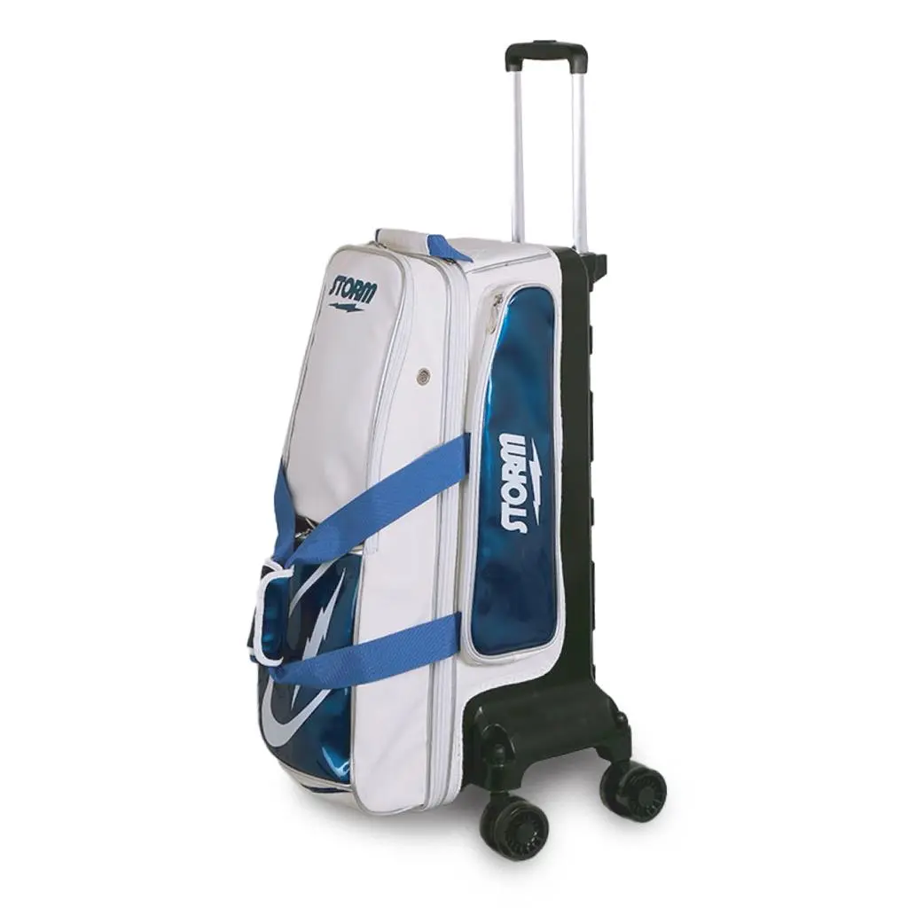 Storm Rolling Thunder Signature Series 3 Ball Roller Bowling Bag | Heavy-Duty Frame with 5-Inch Wheels, Dual Access Storage & Easy Opening Zippers, White/Blue, Clear-Gum Wheels, Forged Steel