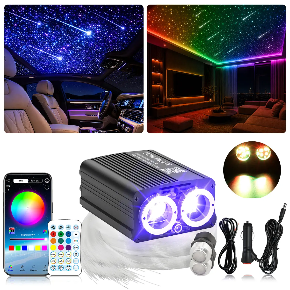 32W RGBW 2-in-1 Fiber Optic Starlight Headliner Kit, Star Ceiling Lights with Twinkle & Meteor Shooting Effects, Bluetooth APP & 24-Key Remote Control, Music Mode DC12V for Car Roof, Home Theater Decoration, PMMA Cables
