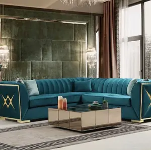 New modern Glam teal blue velvet contemporary fabric sectional