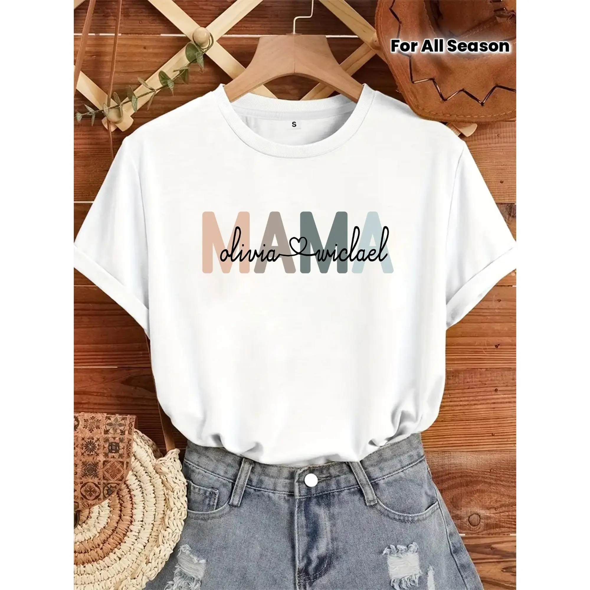 Personalized Mama Streetwear Tshirt for Women, Custom Graphic Shortsleeve Design, Soft Stretch Blend with an Everyday Fit, Tee, Vibe, Valentines Day, Spandex, Top, Essential, Lightweight, Cotton, Breathable, Regular, Short Sleeves